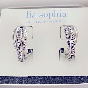 Lia Sophia hoop earrings new in box. Silver color with filigree scroll.